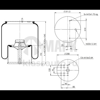 Пневморессора 4881NP с металлическим стаканом (2 шп.-М12+1 отв.М22 под возд) (ось BPW) (Simpeco)