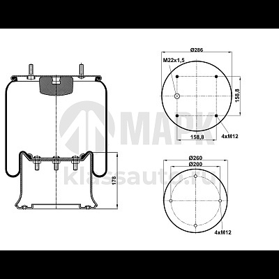Пневморессора 4028C05 с металлическим стаканом (2шп.M12 смещ.25 1отв-шт.M22) (Sampa)