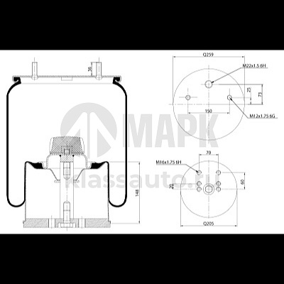 Пневморессора 940МВ с металлическим стаканом (2шп.-М12+1 отвер.М22 под возд) (BERGKAU)