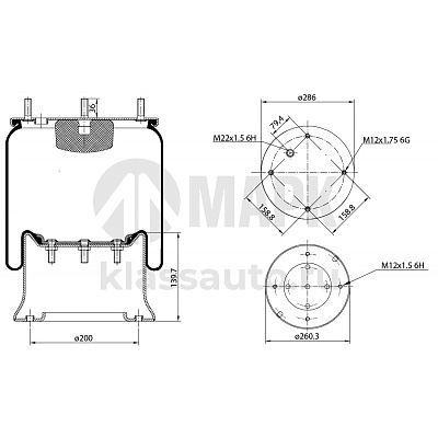 Пневморессора 810МВ в сборе с металлическим стаканом (4 шп.М12+1 отв. М22 под воздух) (BERGKAU)