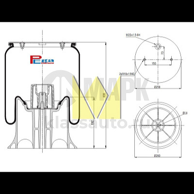 Пневморессора 4157NP без стакана (2 отв.М10 под шпильку+1 отв.М22 возд) Schmitz (PEGA)