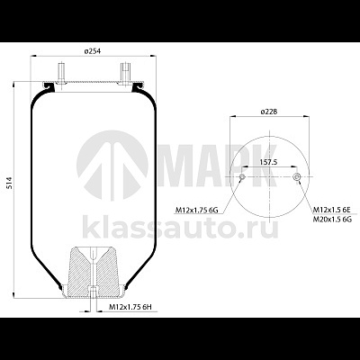 Пневморессора 4159NP05 без стакана (1шп. M12. 1шп-штуц. M12x20 H:1отв.M12) Fruehauf,SMB (PEGA)