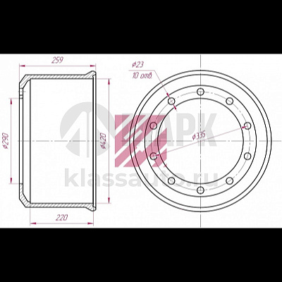 Барабан тормозной BPW (под шпильку) (420x200/210 H=263/d=290/335 n10x23) 0310977160 (Marshall)